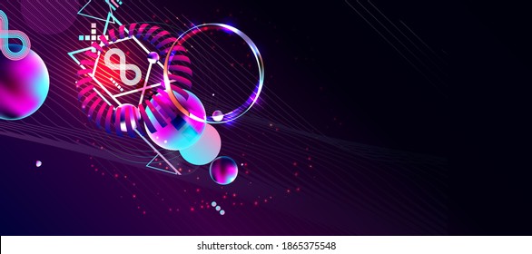 Dark retro futuristic art neon abstraction background cosmos new art 3d starry sky glowing galaxy and planets blue circles