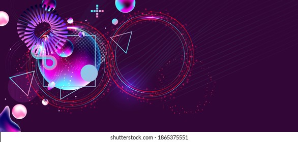 Dark retro futuristic art neon abstraction background cosmos new art 3d starry sky glowing galaxy and planets blue circles