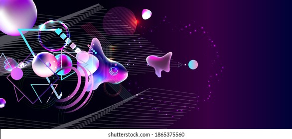 Dark retro futuristic art neon abstraction background cosmos new art 3d starry sky glowing galaxy and planets blue circles