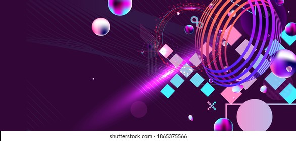 Dark retro futuristic art neon abstraction background cosmos new art 3d starry sky glowing galaxy and planets blue circles