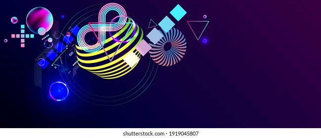 Dark retro futuristic art neon abstraction background cosmos new art 3d starry sky glowing galaxy and planets blue circles	