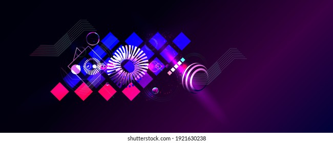 Dark retro futuristic art neon abstraction background cosmos new art 3d starry sky glowing galaxy and planets blue circles
