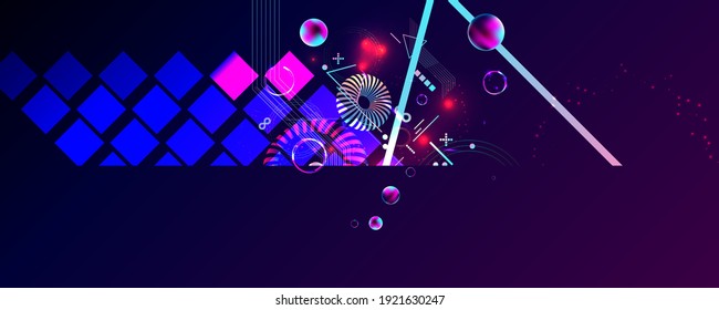 Dark retro futuristic art neon abstraction background cosmos new art 3d starry sky glowing galaxy and planets blue circles