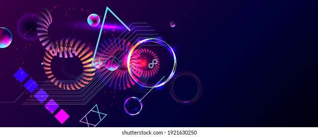 Dark retro futuristic art neon abstraction background cosmos new art 3d starry sky glowing galaxy and planets blue circles