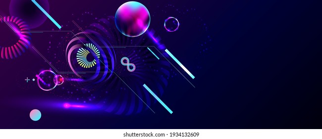 Dark retro futuristic art neon abstraction background cosmos new art 3d starry sky glowing galaxy and planets blue circles