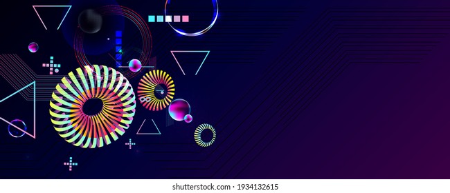 Dark retro futuristic art neon abstraction background cosmos new art 3d starry sky glowing galaxy and planets blue circles