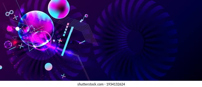 Dark retro futuristic art neon abstraction background cosmos new art 3d starry sky glowing galaxy and planets blue circles