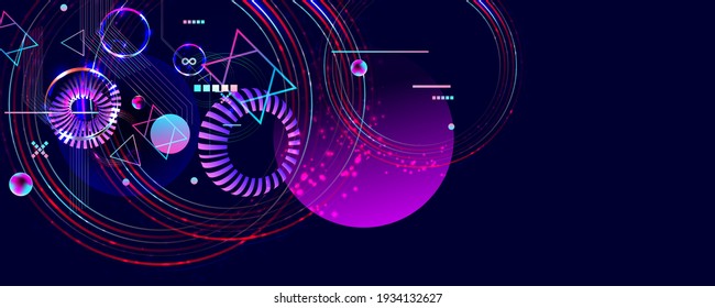 Dark retro futuristic art neon abstraction background cosmos new art 3d starry sky glowing galaxy and planets blue circles