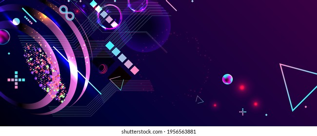 Dark retro futuristic art neon abstraction background cosmos new art 3d starry sky glowing galaxy and planets blue circles