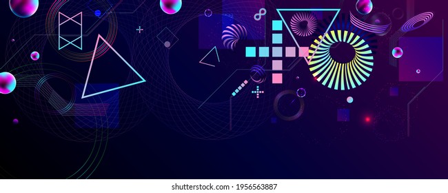 Dark retro futuristic art neon abstraction background cosmos new art 3d starry sky glowing galaxy and planets blue circles