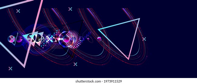 Dark retro futuristic art neon abstraction background cosmos new art 3d starry sky glowing galaxy and planets blue circles