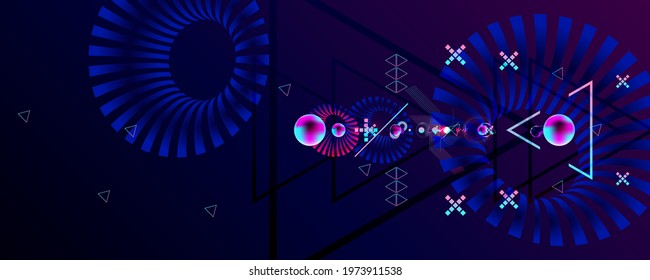 Dark retro futuristic art neon abstraction background cosmos new art 3d starry sky glowing galaxy and planets blue circles