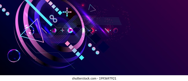 Dark retro futuristic art neon abstraction background cosmos new art 3d starry sky glowing galaxy and planets blue circles