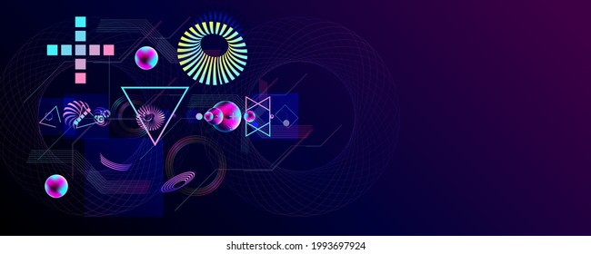 Dark retro futuristic art neon abstraction background cosmos new art 3d starry sky glowing galaxy and planets blue circles