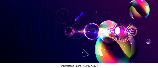 Dark retro futuristic art neon abstraction background cosmos new art 3d starry sky glowing galaxy and planets blue circle