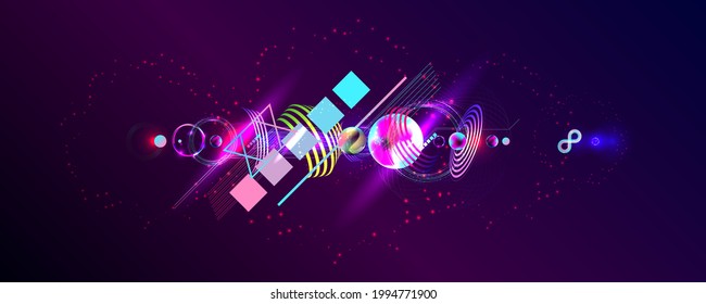 Dark retro futuristic art neon abstraction background cosmos new art 3d starry sky glowing galaxy and planets blue circle