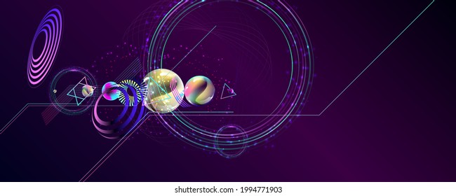 Dark retro futuristic art neon abstraction background cosmos new art 3d starry sky glowing galaxy and planets blue circle