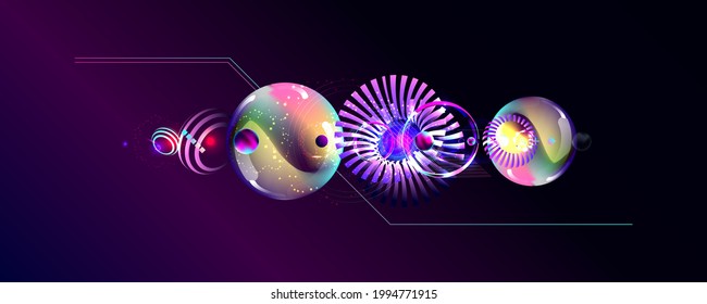 Dark retro futuristic art neon abstraction background cosmos new art 3d starry sky glowing galaxy and planets blue circle