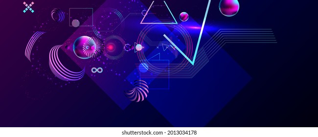 Dark retro futuristic art neon abstraction background cosmos new art 3d starry sky glowing galaxy and planets blue circles