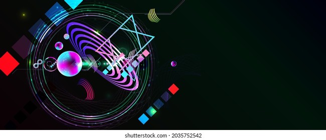 Dark retro futuristic art neon abstraction background cosmos new art 3d starry sky glowing galaxy and planets blue circles