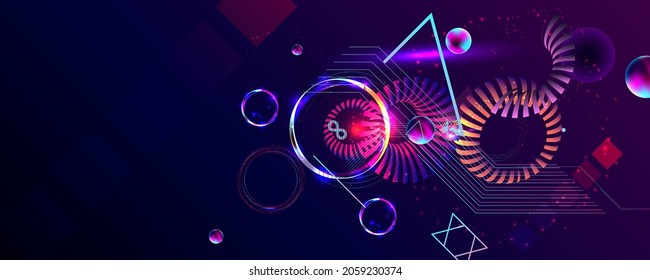Dark retro futuristic art neon abstraction background cosmos new art 3d starry sky glowing galaxy and planets blue circles