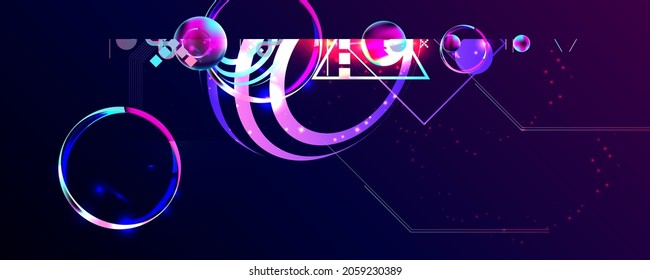 Dark retro futuristic art neon abstraction background cosmos new art 3d starry sky glowing galaxy and planets blue circles