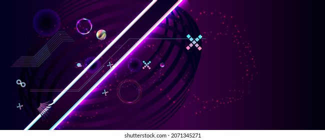 Dark retro futuristic art neon abstraction background cosmos new art 3d starry sky glowing galaxy and planets blue circles