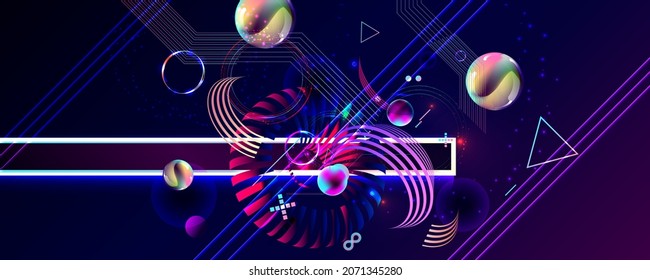 Dark retro futuristic art neon abstraction background cosmos new art 3d starry sky glowing galaxy and planets blue circles