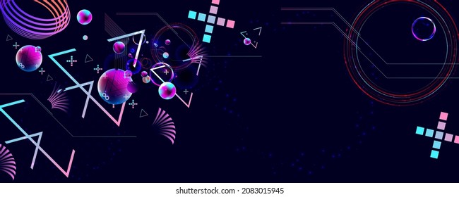 Dark retro futuristic art neon abstraction background cosmos new art 3d starry sky glowing galaxy and planets blue circles