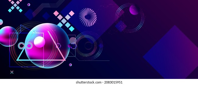 Dark retro futuristic art neon abstraction background cosmos new art 3d starry sky glowing galaxy and planets blue circles