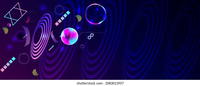Dark retro futuristic art neon abstraction background cosmos new art 3d starry sky glowing galaxy and planets blue circles