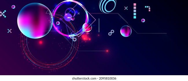 Dark retro futuristic art neon abstraction background cosmos new art 3d starry sky glowing galaxy and planets blue circles