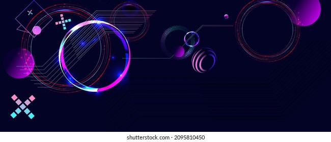 Dark retro futuristic art neon abstraction background cosmos new art 3d starry sky glowing galaxy and planets blue circles