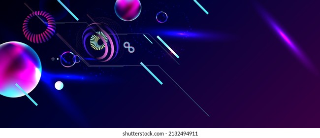 Dark retro futuristic art neon abstraction background cosmos new art 3d starry sky glowing galaxy and planets blue circles	