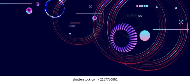 Dark retro futuristic art neon abstraction background cosmos new art 3d starry sky glowing galaxy and planets blue circles