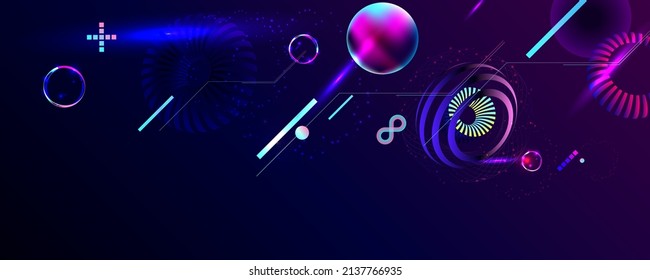Dark retro futuristic art neon abstraction background cosmos new art 3d starry sky glowing galaxy and planets blue circles