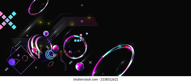 Dark retro futuristic art neon abstraction deep black space sky background background cosmos new art 3d starry sky glowing galaxy and planets blue circles