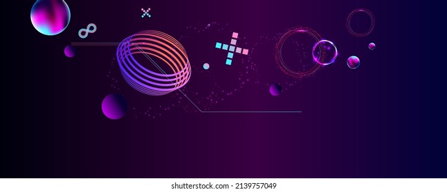 Dark retro futuristic art neon abstraction background cosmos new art 3d starry sky glowing galaxy and planets blue circles
