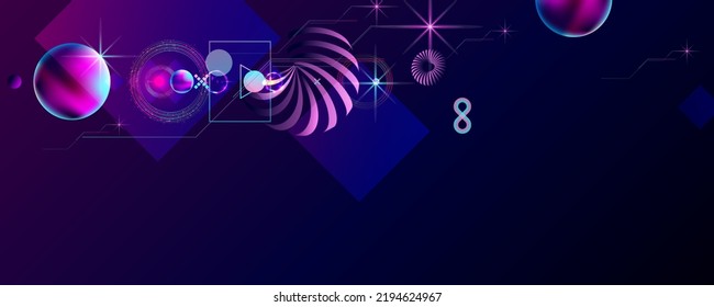 Dark retro futuristic art neon abstraction background cosmos new art 3d starry sky glowing galaxy and planets blue circles