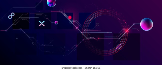 Arte futurista retro oscuro fondo de abstracción de neón cosmos nuevo arte 3d cielo estrellado brillante galaxia y planetas círculos azules