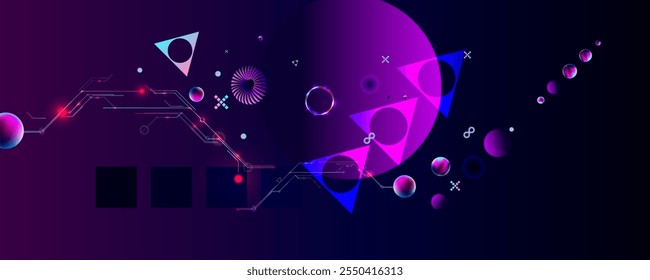 Dark retro futuristic art neon abstraction background cosmos new art 3d starry sky glowing galaxy and planets blue circles