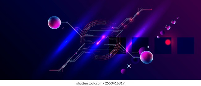 Dark retro futuristic art neon abstraction background cosmos new art 3d starry sky glowing galaxy and planets blue circles