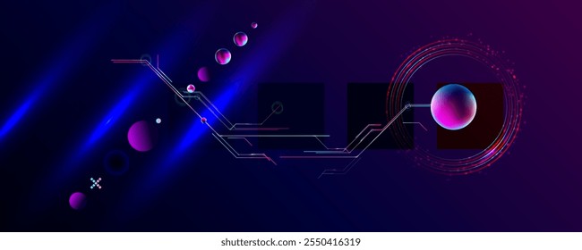 Dark retro futuristic art neon abstraction background cosmos new art 3d starry sky glowing galaxy and planets blue circles