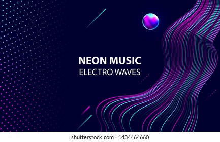 Dark retro futuristic banner neon music electro waves abstraction background cosmos 3d