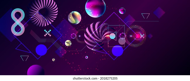 Dark retro futuristic cyberpunk elements abstraction background cosmos synthwave vaporwave retrowave glitch circle with blue and pink glows