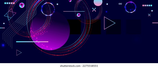 Dark retro futuristic cyberpunk elements abstraction background cosmos synthwave vaporwave retrowave glitch circle with blue and pink glows