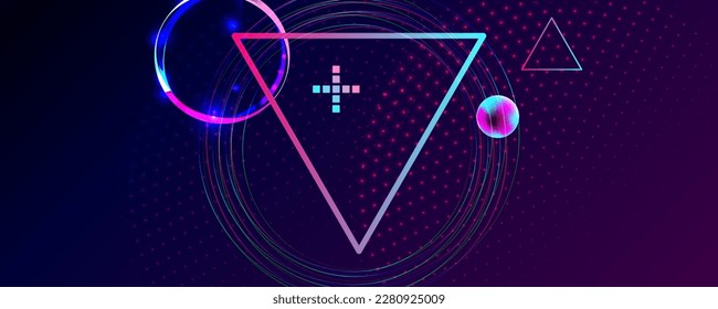 Dark retro futuristic cyberpunk elements abstraction background cosmos synthwave vaporwave retrowave glitch circle with blue and pink glows