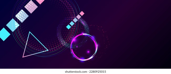 Dark retro futuristic cyberpunk elements abstraction background cosmos synthwave vaporwave retrowave glitch circle with blue and pink glows