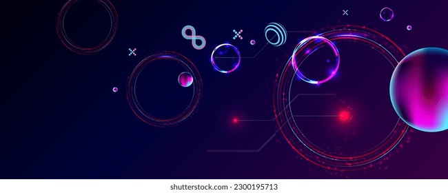 Dark retro futuristic cyberpunk elements abstraction background cosmos synthwave vaporwave retrowave glitch circle with blue and pink glows