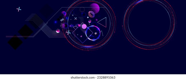 Dark retro futuristic cyberpunk elements abstraction background cosmos synthwave vaporwave retrowave glitch circle with blue and pink glows